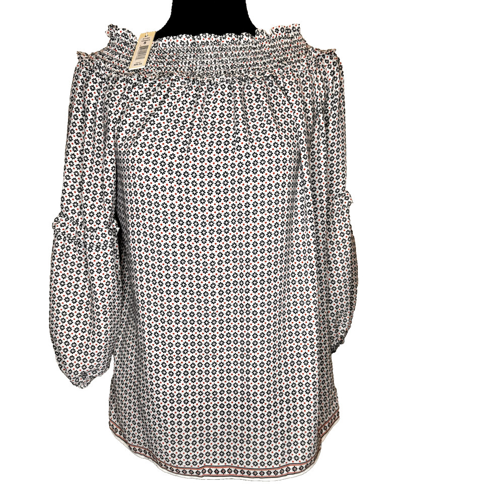 NWT MAX STUDIO $98.00 Sz Small floral White black red Blouse shirt loose fit